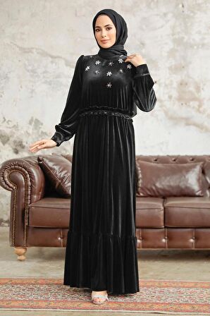 Neva Style - Çiçek Detaylı Siyah Tesettür Kadife Elbise 3713S