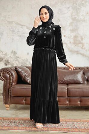 Neva Style - Çiçek Detaylı Siyah Tesettür Kadife Elbise 3713S