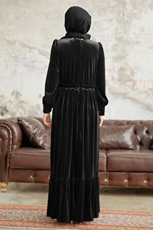 Neva Style - Çiçek Detaylı Siyah Tesettür Kadife Elbise 3713S
