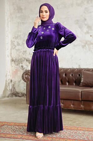 Neva Style - Çiçek Detaylı Mor Tesettür Kadife Elbise 3713MOR
