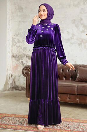 Neva Style - Çiçek Detaylı Mor Tesettür Kadife Elbise 3713MOR