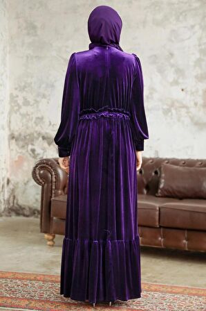 Neva Style - Çiçek Detaylı Mor Tesettür Kadife Elbise 3713MOR