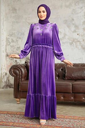 Neva Style - Çiçek Detaylı Koyu Lila Tesettür Kadife Elbise 3713KLILA