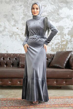 Neva Style - Tokalı Kemerli Gri Tesettür Kadife Elbise 3748GR