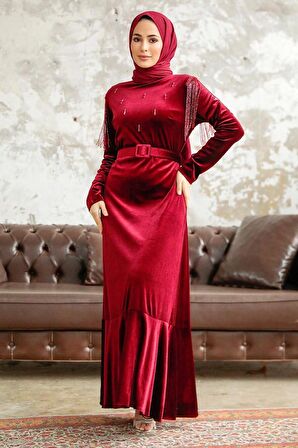 Neva Style - Tokalı Kemerli Bordo Tesettür Kadife Elbise 3748BR