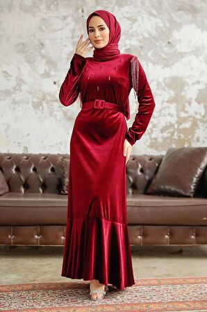Neva Style - Tokalı Kemerli Bordo Tesettür Kadife Elbise 3748BR