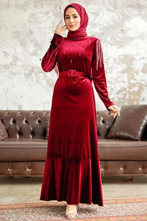 Neva Style - Tokalı Kemerli Bordo Tesettür Kadife Elbise 3748BR