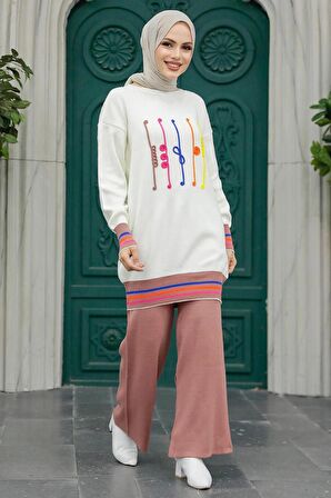 Desenli Gül Kurusu Tesettür Triko İkili Takım 6399GK