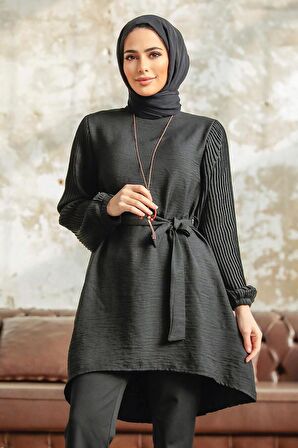 Kolları Pileli Siyah Tesettür Tunik 41221S