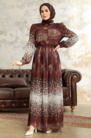 Neva Style - Leopar Desenli Kahverengi Tesettür Elbise 3878KH