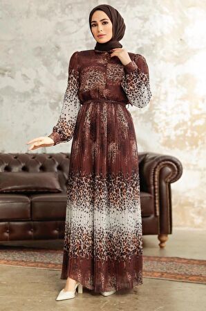 Neva Style - Leopar Desenli Kahverengi Tesettür Elbise 3878KH