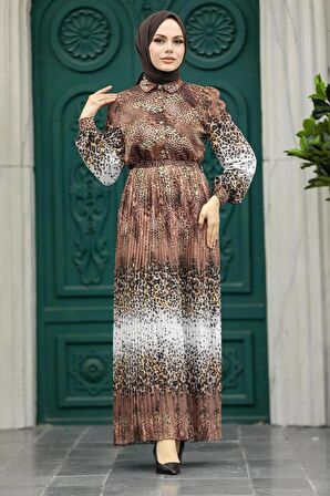 Neva Style - Leopar Desenli Çikolata Tesettür Elbise 3878CK