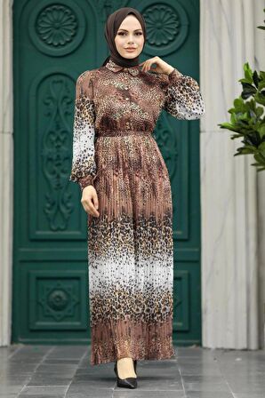 Neva Style - Leopar Desenli Çikolata Tesettür Elbise 3878CK