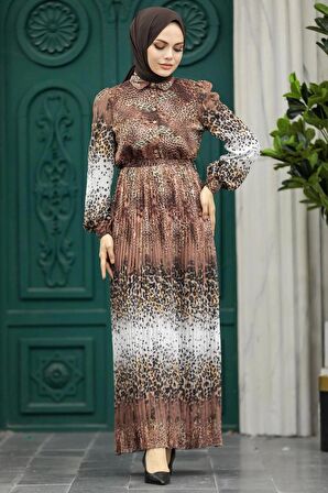 Neva Style - Leopar Desenli Çikolata Tesettür Elbise 3878CK