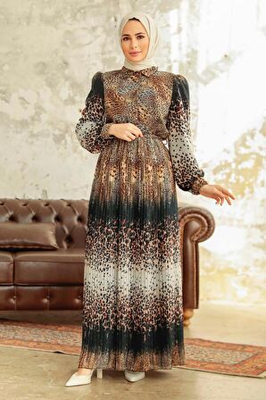 Neva Style - Leopar Desenli Hardal Tesettür Elbise 3878HR