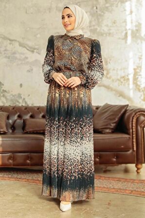 Neva Style - Leopar Desenli Hardal Tesettür Elbise 3878HR