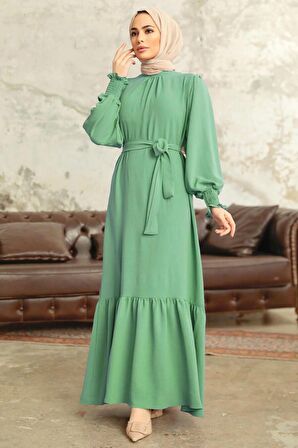 Etek Ucu Volanlı Mint Tesettür Elbise 5972MINT