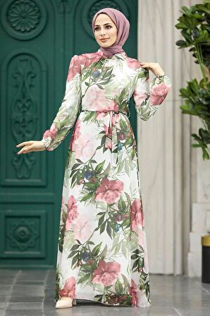 Çiçek Desenli Ekru Tesettür Elbise 27932E