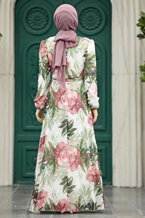Çiçek Desenli Ekru Tesettür Elbise 27932E