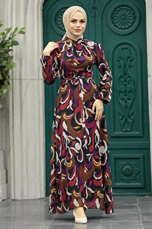 Çiçek Desenli Siyah Tesettür Elbise 27936S