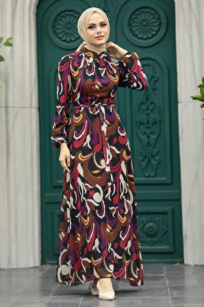 Çiçek Desenli Siyah Tesettür Elbise 27936S