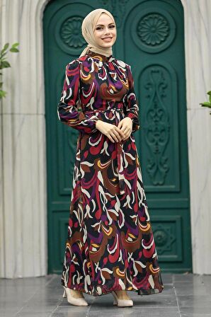 Çiçek Desenli Siyah Tesettür Elbise 27936S