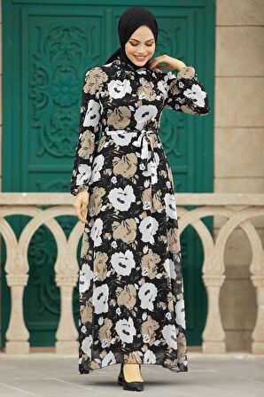 Çiçek Desenli Siyah Tesettür Elbise 27939S