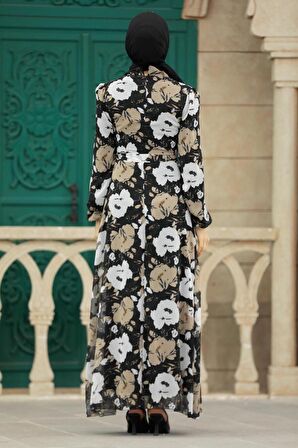 Çiçek Desenli Siyah Tesettür Elbise 27939S