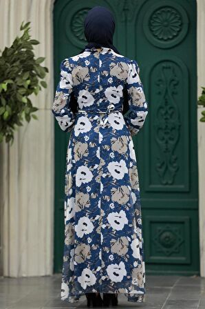 Çiçek Desenli İndigo Mavisi Tesettür Elbise 27939IM