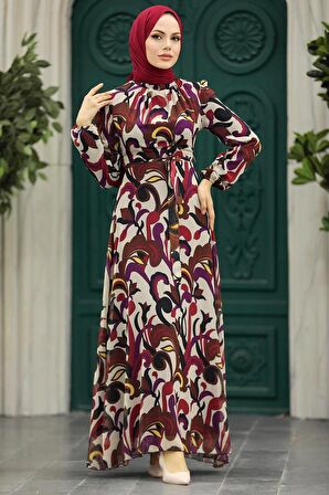 Çiçek Desenli Kahverengi Tesettür Elbise 27936KH