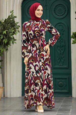 Çiçek Desenli Kahverengi Tesettür Elbise 27936KH