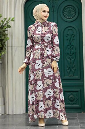 Çiçek Desenli Gül Kurusu Tesettür Elbise 27939GK