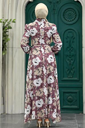 Çiçek Desenli Gül Kurusu Tesettür Elbise 27939GK