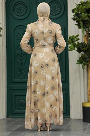 Desenli Bej Tesettür Elbise 27945BEJ