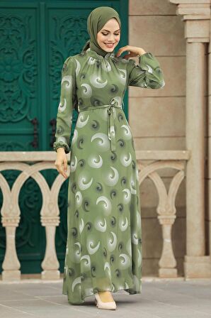 Desenli Fıstık Yeşili Tesettür Elbise 27945FY