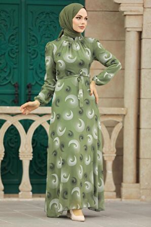Desenli Fıstık Yeşili Tesettür Elbise 27945FY