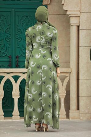 Desenli Fıstık Yeşili Tesettür Elbise 27945FY