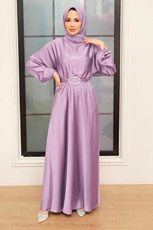 Lila Saten Tesettür Elbise 5727LILA