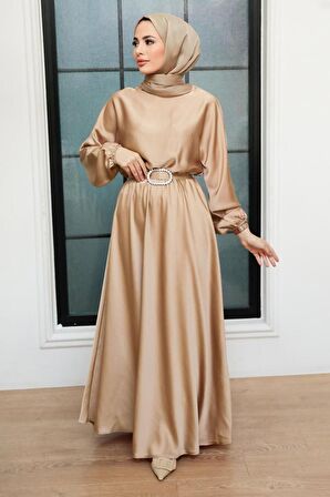 Bisküvi Saten Tesettür Elbise 5727BS