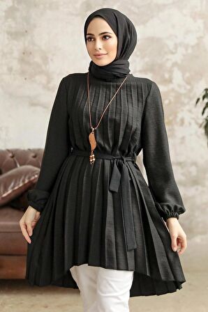 Pileli Siyah Tesettür Tunik 41233S