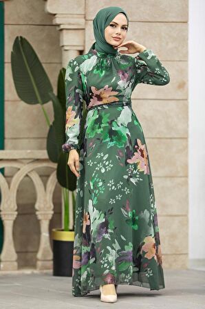 Çiçek Desenli Haki Tesettür Elbise 27942HK