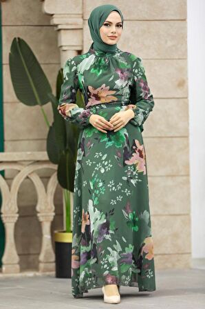 Çiçek Desenli Haki Tesettür Elbise 27942HK