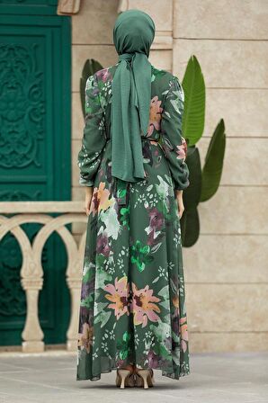 Çiçek Desenli Haki Tesettür Elbise 27942HK
