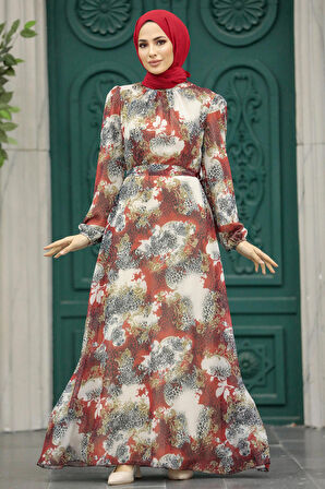 Çiçek Desenli Kiremit Tesettür Elbise 27944KRMT