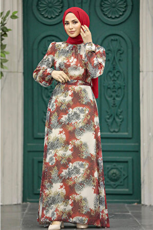 Çiçek Desenli Kiremit Tesettür Elbise 27944KRMT