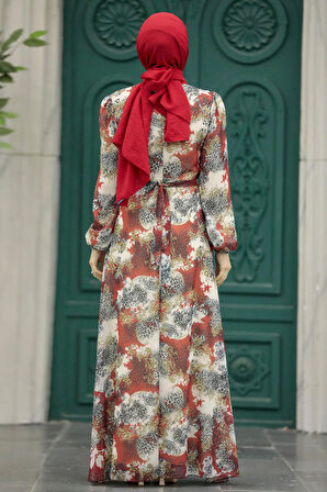 Çiçek Desenli Kiremit Tesettür Elbise 27944KRMT