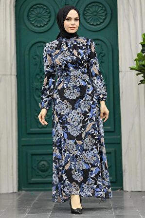 Çiçek Desenli İndigo Mavisi Tesettür Elbise 27950IM