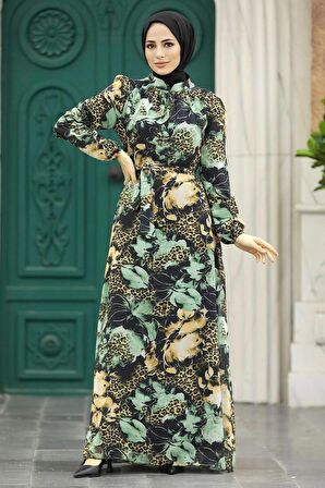 Çiçek Desenli Mint Tesettür Elbise 279312MINT