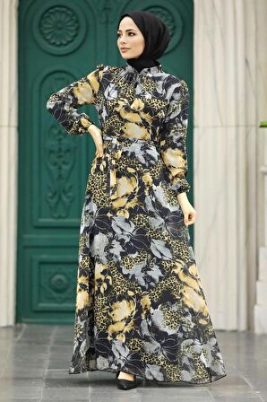 Çiçek Desenli Gri Tesettür Elbise 279312GR