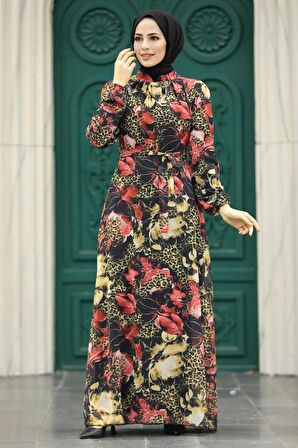Çiçek Desenli Kırmızı Tesettür Elbise 279312K